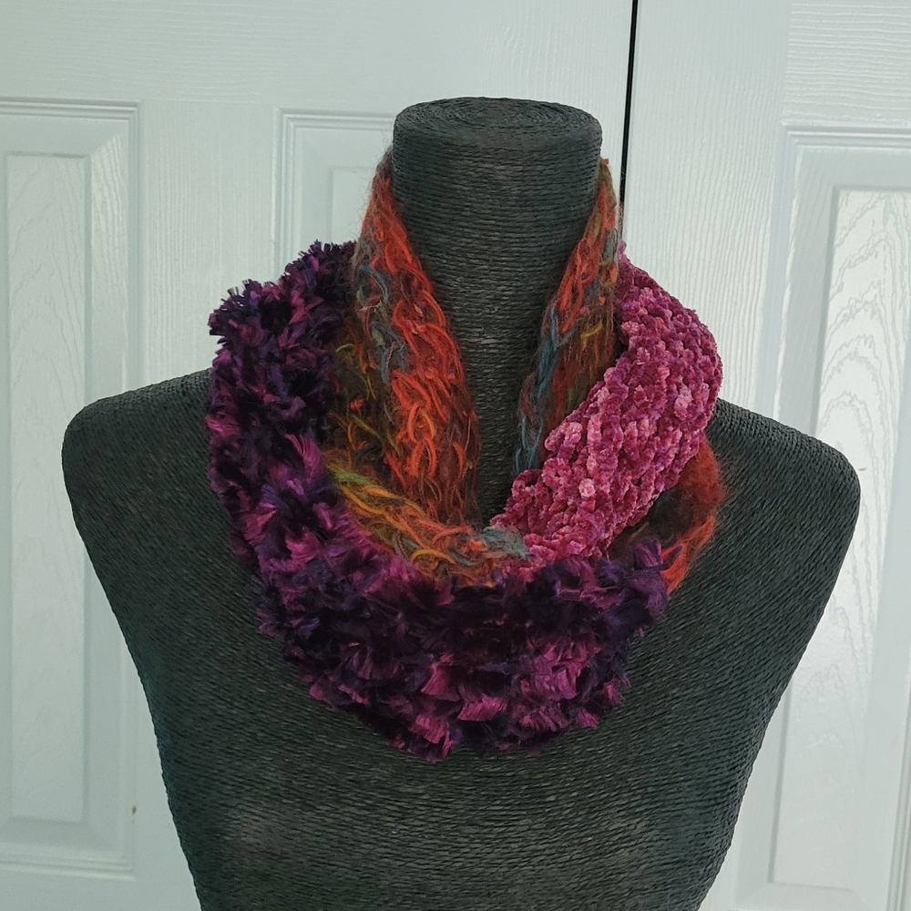 Multicolored hand knit infinity scarf
